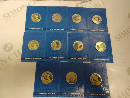 BOX OF APPROX 10 WESTMINSTER COLLECTABLE 50P COINS - BIRDS INCLUDING MAGPIE, BLUE TIT AND MOORHEN