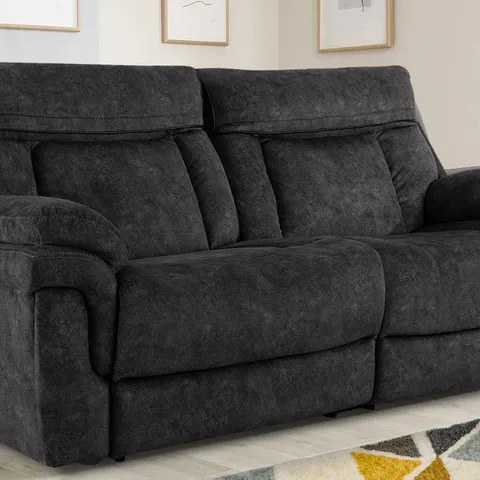 BOXED DESIGNER ORION POWER RECLINING THREE SEATER SOFA WITH POWER HEADRESTS PLUSH DARK GREY FABRIC WITH BLACK PIPING