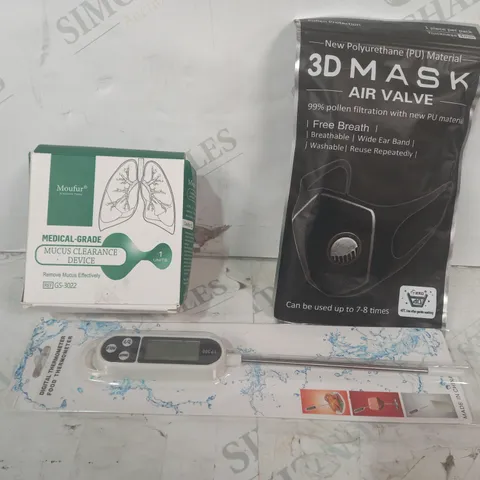 LOT OF APPROXIMATELY 15 ASSORTED HOUSEHOLD ITEMS TO INCLUDE 3D MASK AIR VALVE, MUCUS CLEARANCE DEVICE, DIGITAL FOOD THERMOMETER, ETC