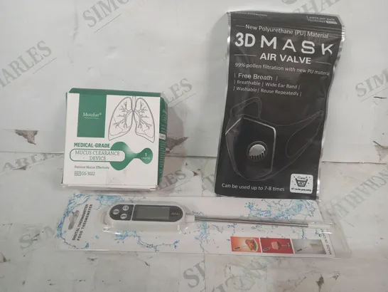 LOT OF APPROXIMATELY 15 ASSORTED HOUSEHOLD ITEMS TO INCLUDE 3D MASK AIR VALVE, MUCUS CLEARANCE DEVICE, DIGITAL FOOD THERMOMETER, ETC