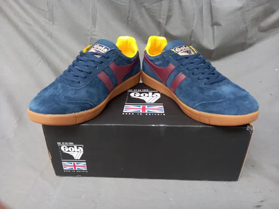 BOXED PAIR OF GOLA HURRICANE SUEDE SHOES IN NAVY/BURGUNDY/SUN UK SIZE 7