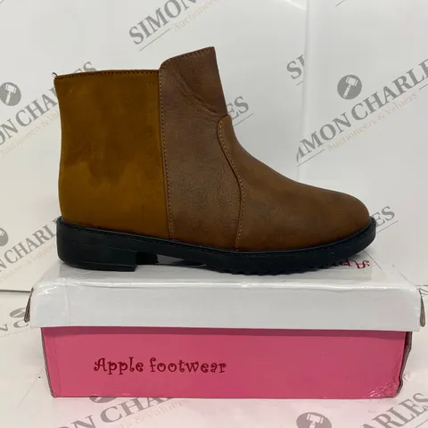 BOXED PAIR OF APPLE FOOTWEAR BROWN BOOTS SIZE 39