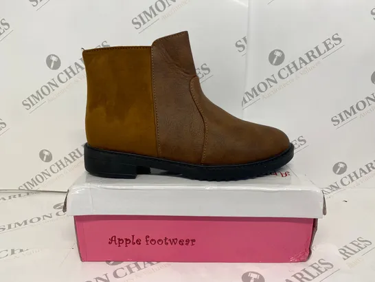 BOXED PAIR OF APPLE FOOTWEAR BROWN BOOTS SIZE 39