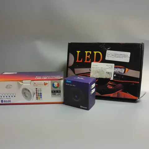 3 ASSORTED PRODUCTS TO INCLUDE GOVEE MUSIC SYNC BOX, INTERIOR CAR LIGHTS, LED BULBS MULTI-PACK RGB + COLD WHITE 5kWh