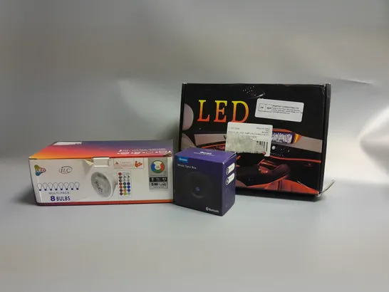 3 ASSORTED PRODUCTS TO INCLUDE GOVEE MUSIC SYNC BOX, INTERIOR CAR LIGHTS, LED BULBS MULTI-PACK RGB + COLD WHITE 5kWh