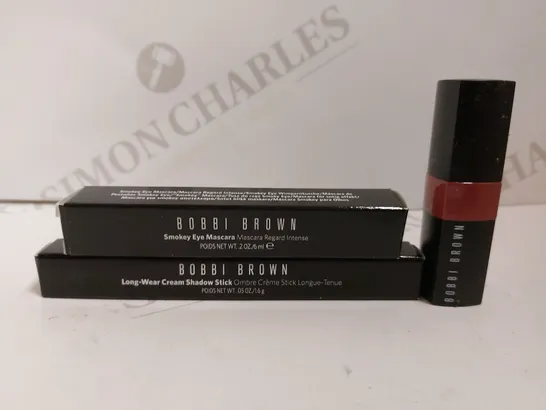 3 BOBBI BROWN ITEMS TO INCLUDE SMOKEY EYE MASCARA, LONG WEAR CREAM SHADOW STICK AND LIPSTICK