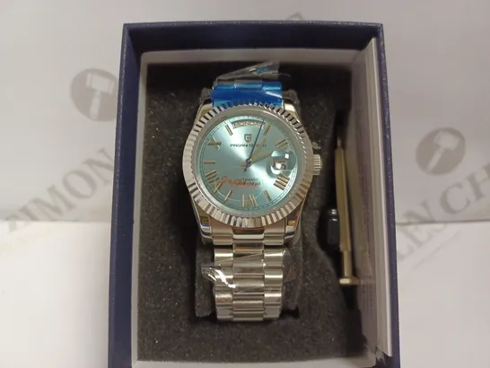 PAGANI DESIGN SILVER WATCH WITH TEAL FACE AND BRACELET STRAP 