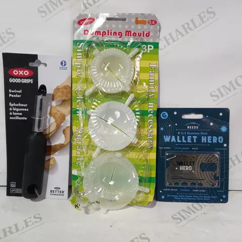 LOT OF APPROXIMATELY 10 ASSORTED HOUSEHOLD ITEMS TO INCLUDE STAINLESS STEEL WALLET HERO, DUMPLING MOULD, SWIVEL PEELER, ETC