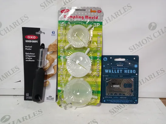 LOT OF APPROXIMATELY 10 ASSORTED HOUSEHOLD ITEMS TO INCLUDE STAINLESS STEEL WALLET HERO, DUMPLING MOULD, SWIVEL PEELER, ETC