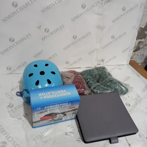SMALL BOX OF ASSORTED HOUSEHOLD ITEMS TOO INCLUDE HELMETS , CLOTHES AND PHONE MOUNTS 