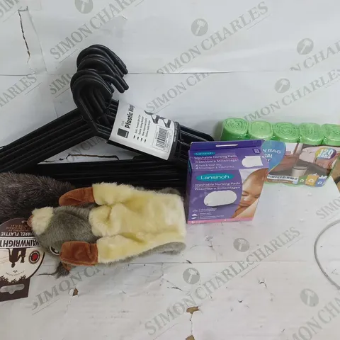 BOX OF ASSORTED HOUSEHOLD ITEMS TO INCLUDE - CLOTH HANGERS - BIN BAGS - DOGS TOY - NURSING PADS / COLLECTION ONLY 