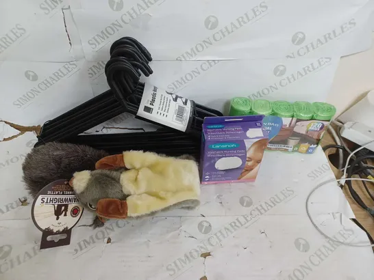 BOX OF ASSORTED HOUSEHOLD ITEMS TO INCLUDE - CLOTH HANGERS - BIN BAGS - DOGS TOY - NURSING PADS / COLLECTION ONLY 