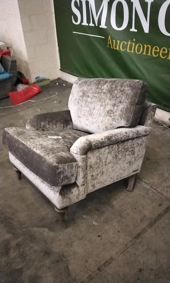 QUALITY DESIGNER LOUNGE CO ARMCHAIR IN SILVER CRUSHED VELVET