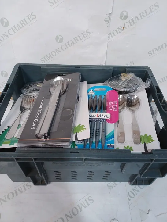 BOX TO CONTAIN APPROXIMATELY 30 ASSORTED HOUSEHOLD PRODUCTS, INCLUDES SEVERAL CUTLERY SETS, PLUMBING PARTS AND PENS ETC 