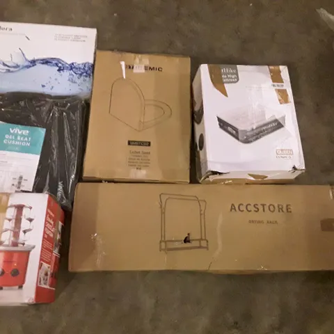 PALLET OF ASSORTED PRODUCTS INCLUDING ACCSTORE DRYING RACK, OLARHIKE DOUBLE HIGH AIR MATTRESS, STOREMIC TOILET SEAT, VIVE GEL SEAT CUSHION, CHOCOLATE FOUNTAIN, FAUCET 