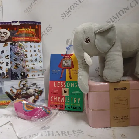 BOX OF APPROXIMATELY 5 ASSORTED ITEMS TO INCLUDE TEDDY ELEPHANT, STICKERS, LUNCHBOX ETC