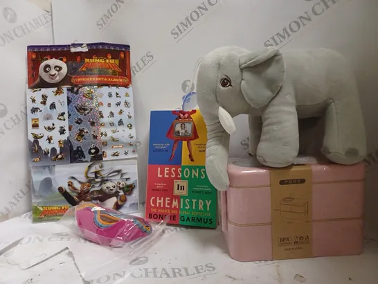 BOX OF APPROXIMATELY 5 ASSORTED ITEMS TO INCLUDE TEDDY ELEPHANT, STICKERS, LUNCHBOX ETC