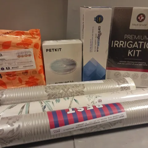 BOX OF APPROX 15 ASSORTED ITEMS TO INCLUDE - IRRIGATION KIT, WALLPAPER, ECO NAPPIES ETC