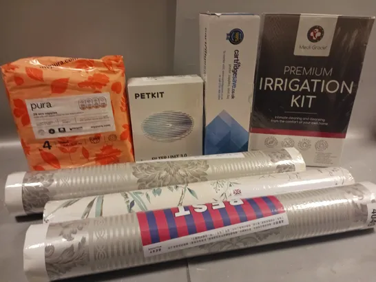 BOX OF APPROX 15 ASSORTED ITEMS TO INCLUDE - IRRIGATION KIT, WALLPAPER, ECO NAPPIES ETC