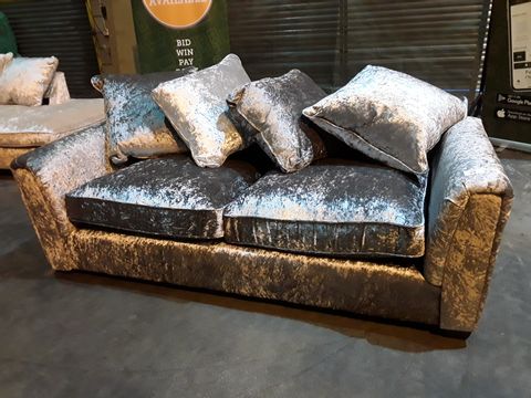 DESIGNER CRUSHED SILVER VELVET THREE SEATER SOFA WITH SCATTER CUSHIONS 