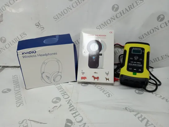 APPROXIMATELY 10 ASSORTED ITEMS TO INCLUDE KVIDIO WIRELESS HEADPHONES, ANIMAL TAG READER, MULTI-FUNCTION CHARGER ETC. 