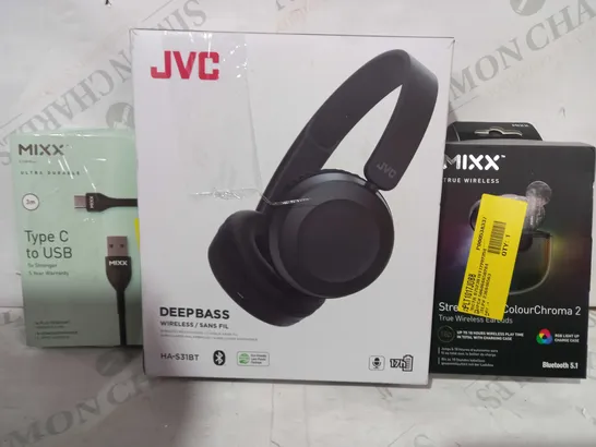 BOX OF APPROXIMATELY 10 ASSORTED ELECTRICAL ITEMS TO INCLUDE MIXX COLOUR CHROMA 2 WIRELESS EARBUDS, JVC DEEPBASS WIRELESS HEDPHONES, MIXX TYPE C TO USB CABLE, ETC