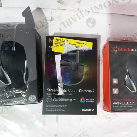 BOX OF APPROXIMATELY 15 ASSORTED ELECTRICAL ITEMS TO INCLUDE BLACKWEB WIRELESS MOUSE, MIXX STREAMBUDS COLOUR CHROMA 2, ASDA TECH WIRELESS MOUSE, ETC