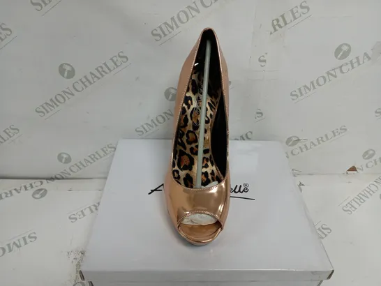 APPROXIMATELY 12 BOXED PAIR OF ANNE MICHELLE OPEN TOE HIGH HEELED PLATFORM SHOES IN ROSE GOLD TO INCLUDE SIZES 3, 5, 6, 7 