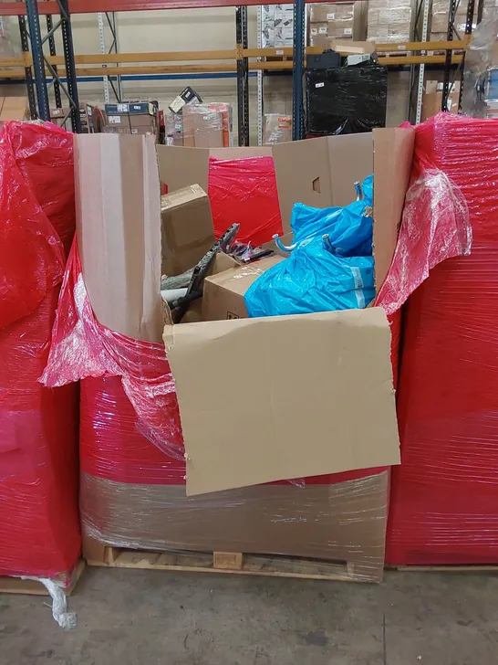 PALLET OF ASSORTED HOUSEHOLD ITEMS AND CONSUMER PRODUCTS TO INCLUDE; PIZZA STONE, BABY SWING, TOILET SEAT, DESK, BOXED FURNITURE ETC 