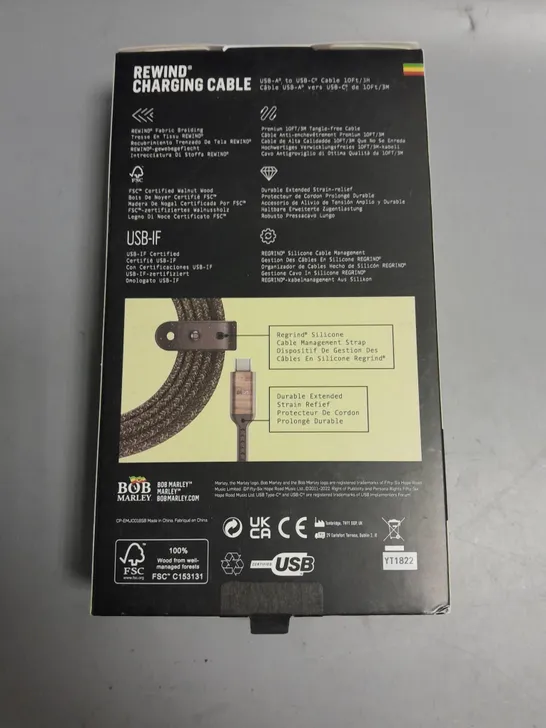 BOXED BOB MARLEY REWIND CHARGING CABLE USB-A TO USB-C 10FT/3M