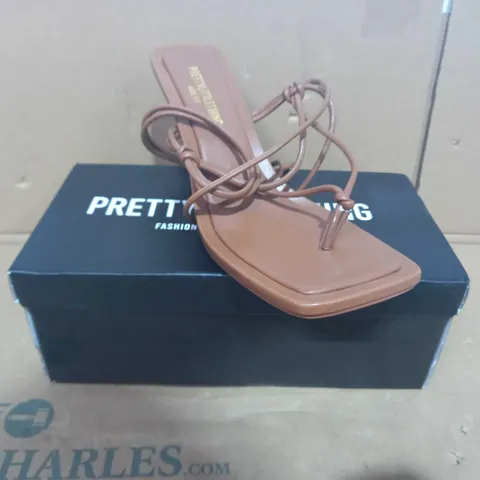 BOXED PAIR OF PRETTY LITTLE THING HEELS IN BROWN UK SIZE 7