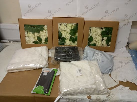BOX OF APPROX 5 ASSORTED ITEMS TO ARTIFICIAL ROSES, WHITE CUSHION COVERS. SEED TRAY