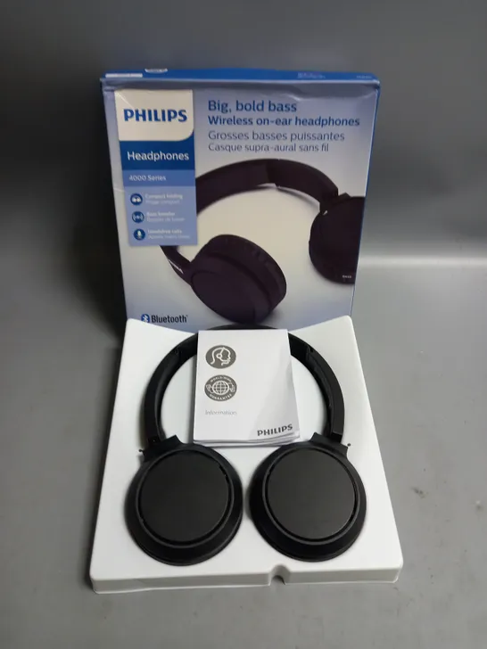 BOXED PHILIPS BIG, BOLD BASS WIRELESS ON-EAR HEADPHONES 4000 SERIES