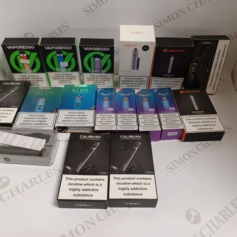 BOX OF APPROXIMATELY 35 E-CIGARETTE PRODUCTS TO INCLUDE VAPORESSO LUXEQS, GEEKVAPE G18, CALIBURN ETC