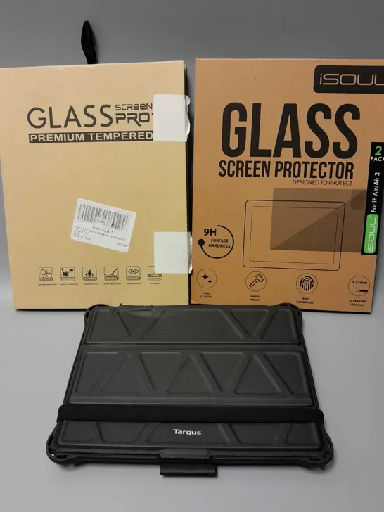 3 TABLET ACCESSORIES TO INCLUDE ISOUL IPAD AIR/AIR2 GLASS SCREEN PROTECTORS, TARGUS TABLET CASE, FIRE KIDS EDITION SCREEN PROTECTOR, ETC