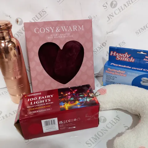 BOX OF APPROXIMATELY 10 ASSORTED ITEMS TO INCLUDE COPPER STYLE BOTTLE, HOT WATER BOTTLE, HAND SEWING MACHINE ETC