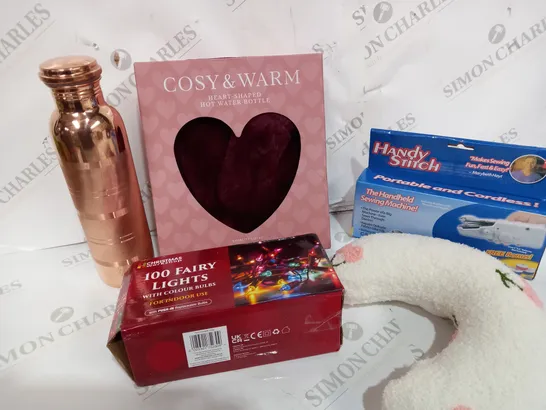 BOX OF APPROXIMATELY 10 ASSORTED ITEMS TO INCLUDE COPPER STYLE BOTTLE, HOT WATER BOTTLE, HAND SEWING MACHINE ETC