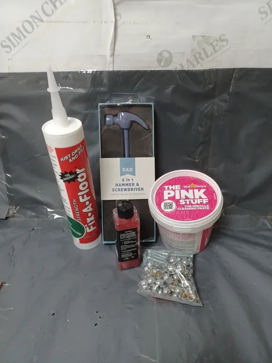 BOX OF APPROXIMATELY 10 ASSORTED HOUSEHOLD ITEMS TO INCLUDE THE PINK STUFF CLEANER, SCREWS AND FLOOR ADHESIVE 