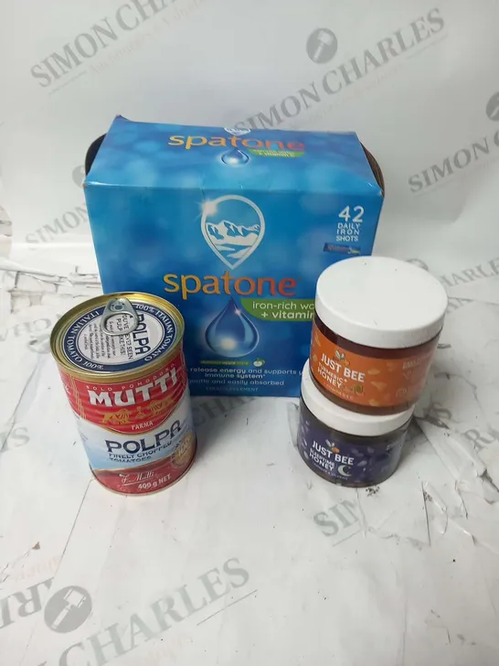 APPROXIMATELY 15 ASSORTED FOOD BASED PRODUCTS TO INCLUDE; TWININGS SUPERBLENDS, JUST BEE HONEY, MUTTI POLPA FINELY CHOPPED TOMATOES AND SPATONE IRON-RICH WATER
