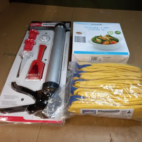 BOX OF APPROXIMATELY 20 ASSORTED ITEMS TO INCLUDE KITCHENCRAFT MICOWAVE 3 PART STEAMER SET, DECOREX HD MORTAR & GROUTING GUN SET, LEATHER LINED GLOVES, ETC