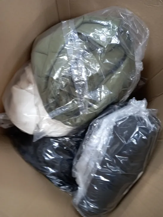 BOX OF APPROXIMATELY 10 ASSORTED CLOTHING ITEMS TO INCLUDE  BIG GREEN COAT, GREEN JUMPER, WHITE WINTER COAT ETC