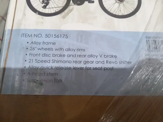 BOXED PRONTO 26" ALLOY FRAME FRONT SUSPENSION MOUNTAIN BIKE WITH FRONT DISC BRAKES, REAR ALLOY V BRAKES AND 21 SHIMANO REAR GEAR AND REVO SHIFTER