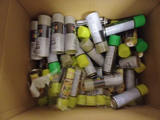 LARGE BOX OF ASSORTED GLOW AND THE DARK AND CAR SPRAY PAINT 