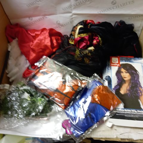 LOT OF COSTUMES AND ACCESSORIES TO INCLUDE DEVIL HORNS, WIGS, MARVEL UNIFORMS ETC.