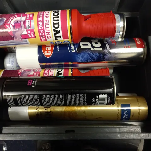 BOX OF APPROX 10 ASSORTED AEROSOLS TO INCLUDE CARPLAN DE-ICER, SOUNDAL GAP FILLING, LOREAL PARIS STRONGHOLD - COLLECTION ONLY