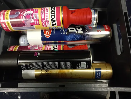 BOX OF APPROX 10 ASSORTED AEROSOLS TO INCLUDE CARPLAN DE-ICER, SOUNDAL GAP FILLING, LOREAL PARIS STRONGHOLD - COLLECTION ONLY