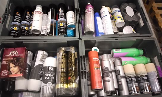 4 TOTES OF ASSORTED AEROSOL CANS INCLUDING 151 MULTIPURPOSE SPRAY PAINT WHITE, AROMATIC DEODORANT SPRAY, SPORT 4-IN-1 PERFORMANCE SPRAY, GILLETTE FUSION SHAVE GEL, FLEXIBLE FABRIC PAINT 