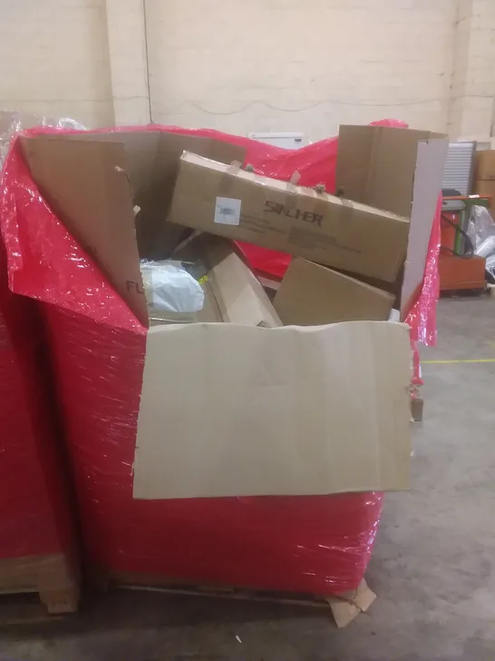 PALLET OF ASSORTED HOUSEHOLD PRODUCTS AND ITEMS, INCLUDING; AIR FRYER, AIR COOLER, OFFICE CHAIR, CAT CAGE, BED FRAME ETC