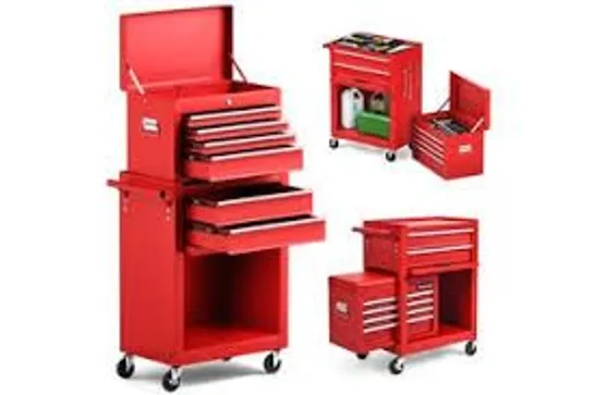 BOXED COSTWAY 6-DRAWER TOOL CABINET WORKSHOP STORAGE CHEST GARAGE ORGANIZER W/LOCKABLE TOOL BOX & REMOVABLE HOOKS - RED