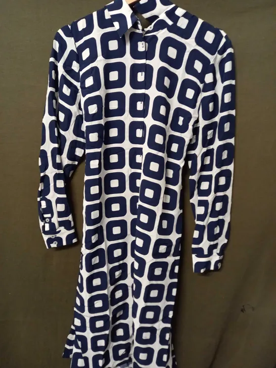 BODEN PRINTED MIDI SHIRT DRESS IN BLUE/WHITE - UK 12P